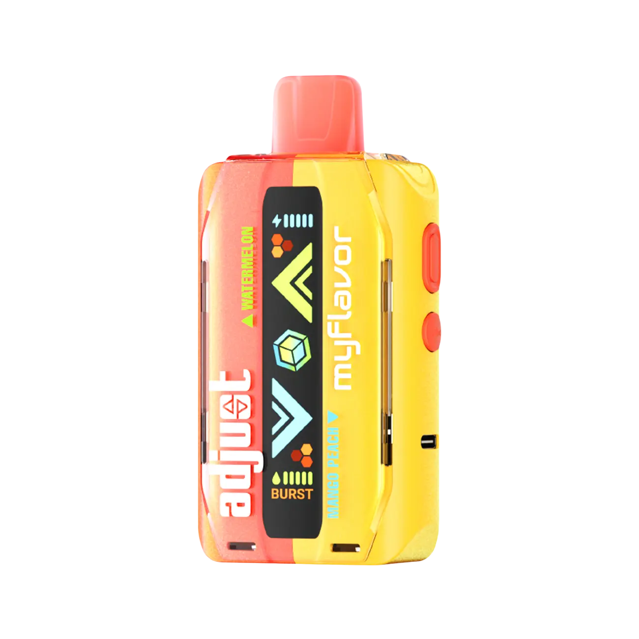 Adjust MyFlavor 40K Disposable Vape in Watermelon Mango Peach flavor – a tropical blend of juicy watermelon, ripe mango, and sweet peach