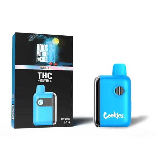 Cookies THC-A Adios Mother Fcker disposable 5G Indica with heavy relaxing effects and bold earthy flavor