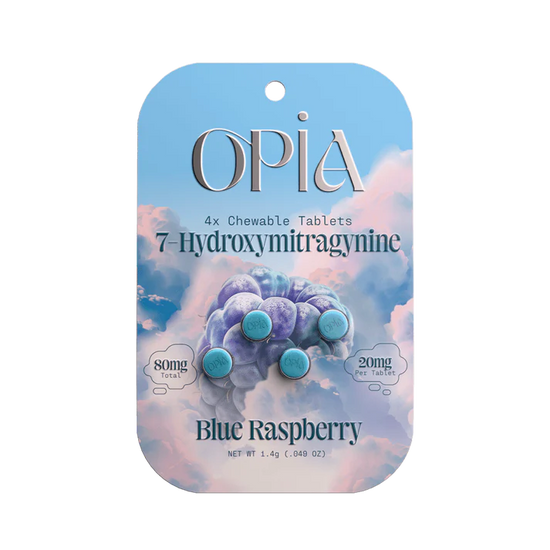 Opia Blue Raspberry 7-Hydroxymitragynine chewable tablets with tangy berry flavor and potent kratom alkaloids