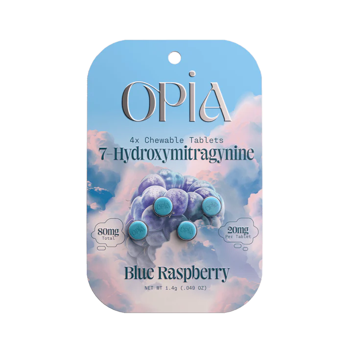 Opia Blue Raspberry 7-Hydroxymitragynine chewable tablets with tangy berry flavor and potent kratom alkaloids