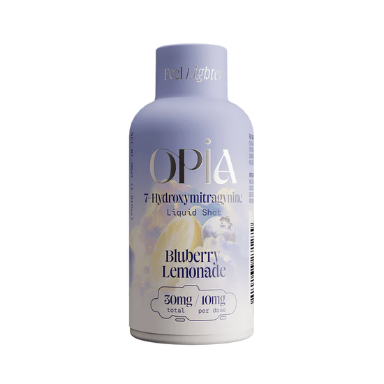 Opia Blueberry Lemonade 7-Hydroxymitragynine liquid shot with tangy lemonade and sweet blueberry flavor