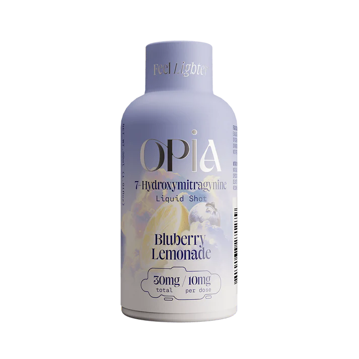 Opia Blueberry Lemonade 7-Hydroxymitragynine liquid shot with tangy lemonade and sweet blueberry flavor