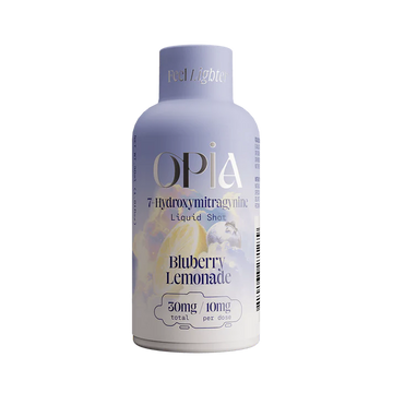 Opia Blueberry Lemonade 7-Hydroxymitragynine liquid shot with tangy lemonade and sweet blueberry flavor