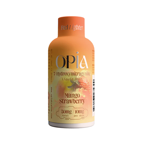 Opia Mango Strawberry 7-Hydroxymitragynine liquid shot with tropical mango and ripe strawberry taste