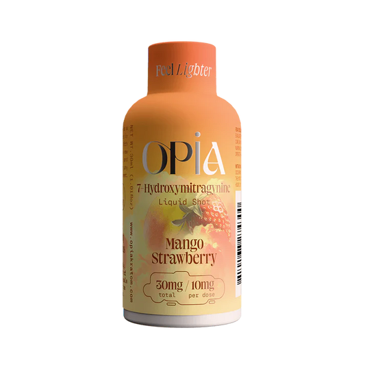 Opia Mango Strawberry 7-Hydroxymitragynine liquid shot with tropical mango and ripe strawberry taste