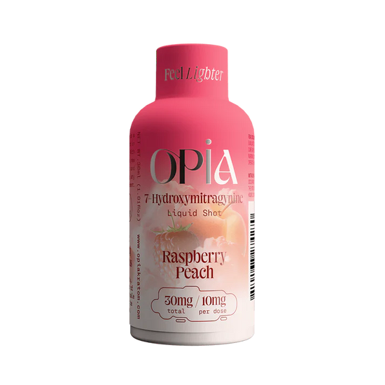 Opia Raspberry Peach 7-Hydroxymitragynine liquid shot with tart raspberry and smooth peach blend