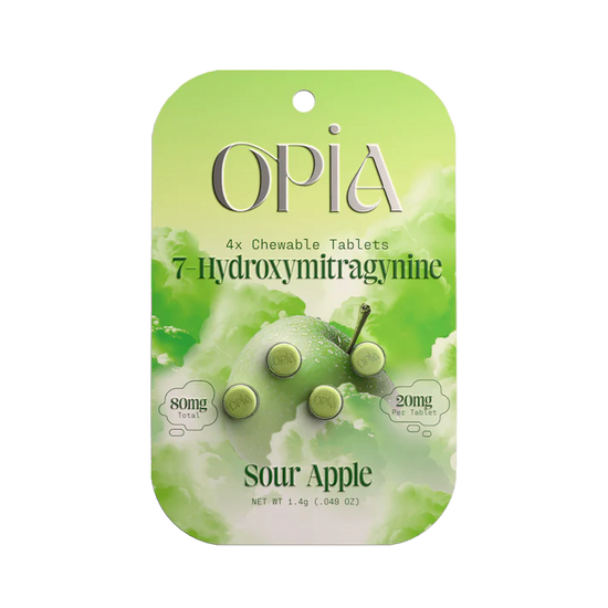 Opia Sour Apple 7-Hydroxymitragynine chewable tablets with tart green apple flavor and pure alkaloid delivery