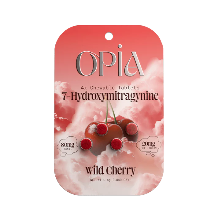 Opia Wild Cherry 7-Hydroxymitragynine chewable tablets with bold cherry flavor and fast-acting kratom extract