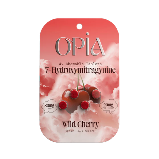 Opia Wild Cherry 7-Hydroxymitragynine chewable tablets with bold cherry flavor and fast-acting kratom extract
