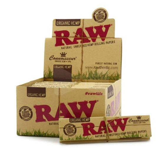 Raw Organic Hemp Connoisseur King Size Slim rolling papers with tips 24ct box crafted from organic hemp for a pure natural smoking experience