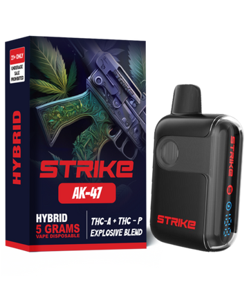 Strike THC-A AK-47 Explosive Blend 5G Hybrid with earthy floral flavor and a balanced head and body high