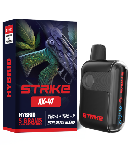 Strike THC-A AK-47 Explosive Blend 5G Hybrid with earthy floral flavor and a balanced head and body high