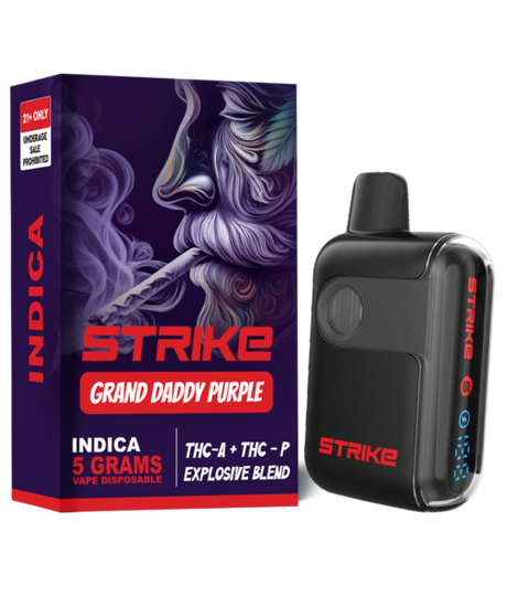 Strike THC-A Grand Daddy Purple Explosive Blend 5G Indica with sweet grape and berry flavor and deeply relaxing effects