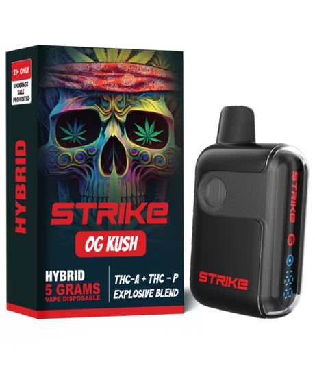 Strike THC-A OG Kush Explosive Blend 5G Hybrid with earthy pine citrus flavor and classic stress-relieving effects