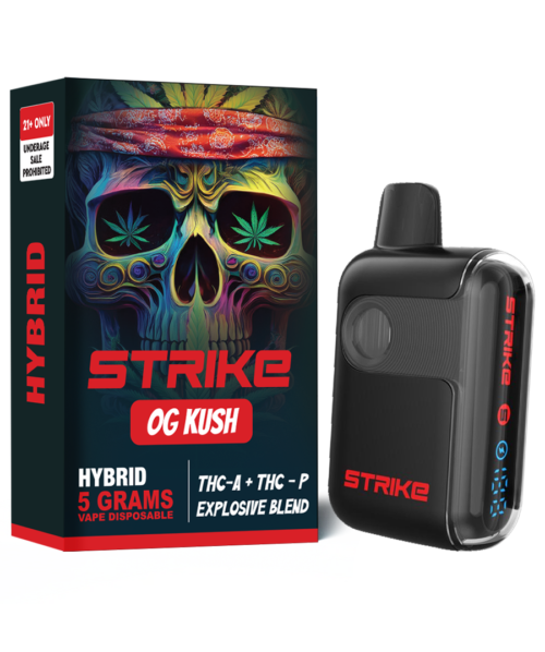 Strike THC-A OG Kush Explosive Blend 5G Hybrid with earthy pine citrus flavor and classic stress-relieving effects