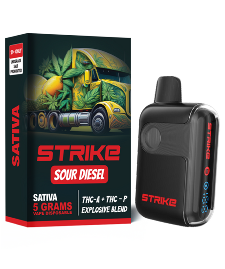 Strike THC-A Sour Diesel Explosive Blend 5G Sativa with pungent diesel aroma and energizing cerebral buzz