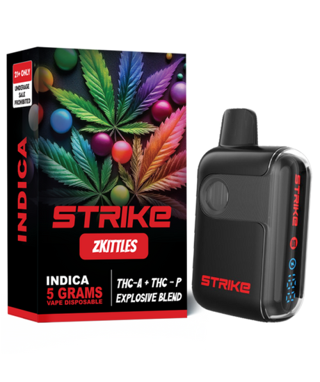 Strike THC-A Zkittles Explosive Blend 5G Indica with fruity candy flavor and mellow full body relaxation