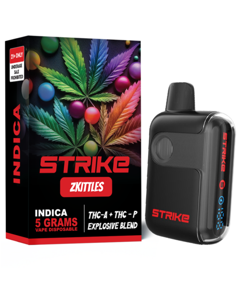 Strike THC-A Zkittles Explosive Blend 5G Indica with fruity candy flavor and mellow full body relaxation