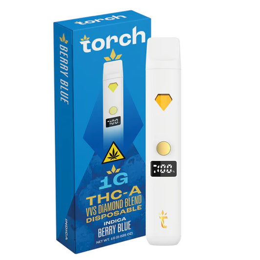 Torch THC-A VVS Diamond Blend Berry Blue disposable 1g Indica with sweet blueberry flavor and deeply relaxing full body effects
