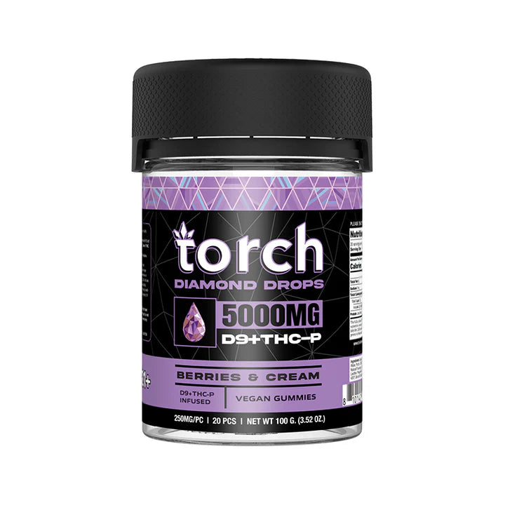 Torch Diamond Drop Berries and Cream gummies 5000mg THC-P with smooth berry and whipped cream flavor and euphoric effects