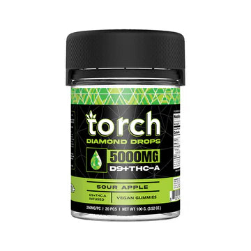 Torch Diamond Drop Sour Apple gummies 5000mg THC-A with tart green apple flavor and balanced THC-A elevation