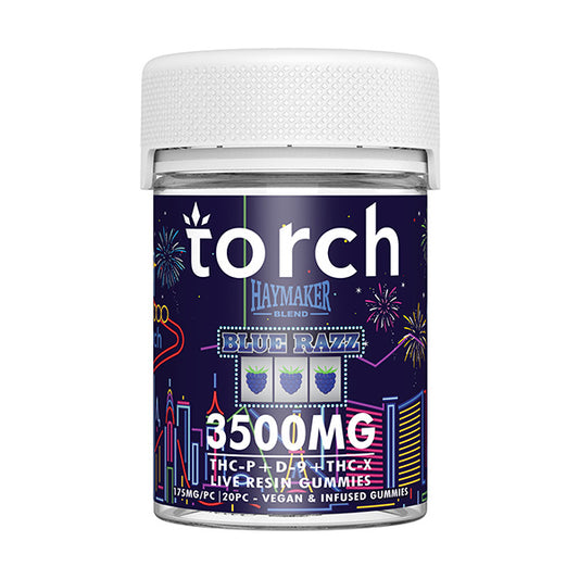 Torch Haymaker Blue Razz gummies 3500mg with bold blue raspberry flavor and high potency THC blend

