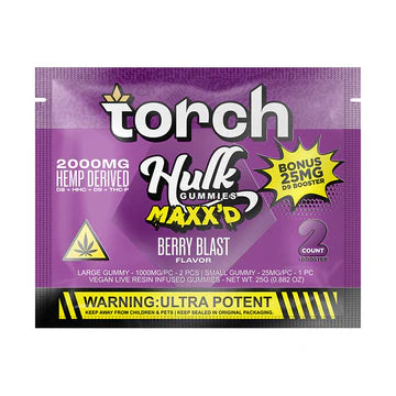 Torch Hulk Maxx'd Berry Blast gummies 2000mg with a bold mix of sweet and tart berry flavors and potent THC blend