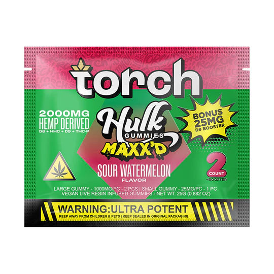 Torch Hulk Maxx'd Sour Watermelon gummies 2000mg with juicy sour melon flavor and high potency