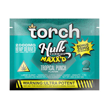 Torch Hulk Maxx'd Tropical Punch gummies 2000mg with exotic fruit punch flavor and intense THC kick
