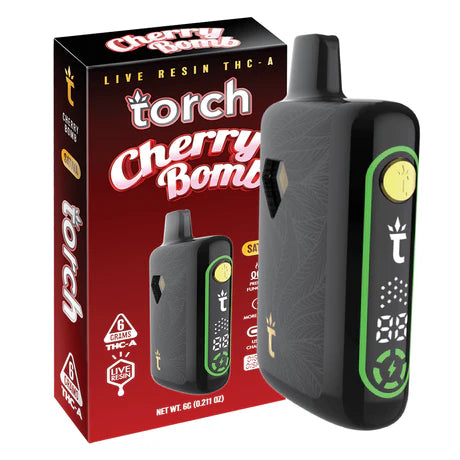 Torch Pulse Live Resin THC-A 6g in Cherry Bomb strain offering a bold and juicy cherry explosion with a hint of citrus and spice