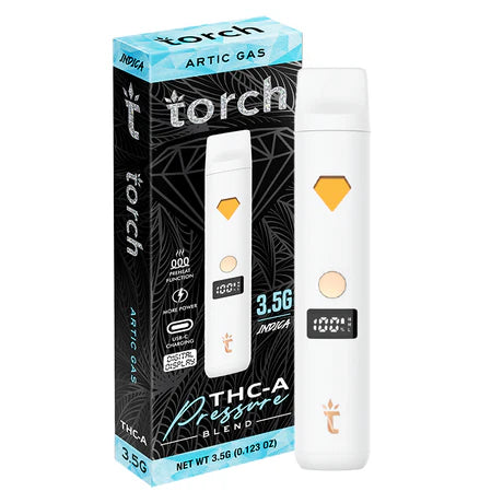 Torch THC-A Pressure 3.5g in Arctic Gas strain featuring a strong and gassy aroma with cooling menthol notes for a powerful hybrid experience