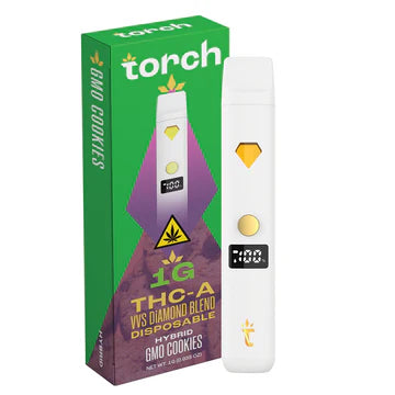 Torch THC-A VVS Diamond Blend GMO Cookies disposable 1g Hybrid with pungent garlic cookie flavor and heavy euphoric relaxation