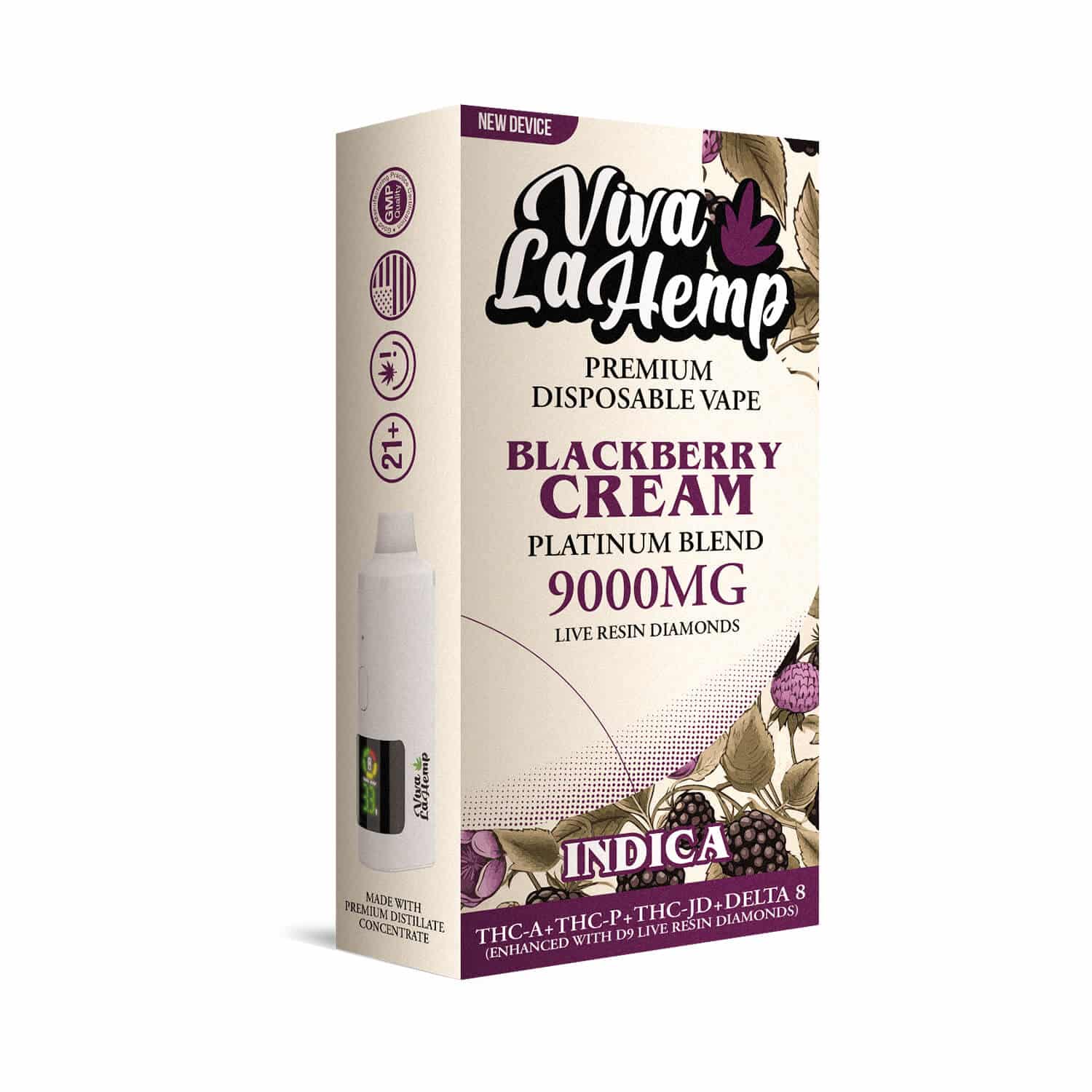 Viva La Hemp Platinum Blend Blackberry Cream disposable vape 9g Indica with smooth berry cream flavor and full body sedation