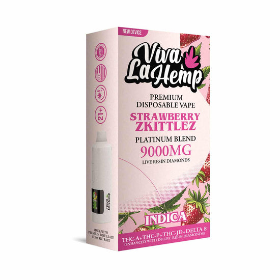 Viva La Hemp Platinum Blend Strawberry Zkittlez disposable vape 9g Indica with sweet strawberry candy flavor and soothing relaxation
