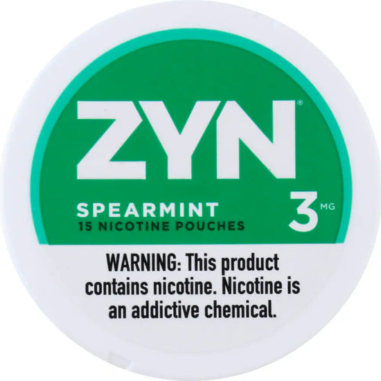 Zyn Nicotine Pouches in Spearmint flavor offering a sweet and refreshing spearmint taste with a smooth cooling effect